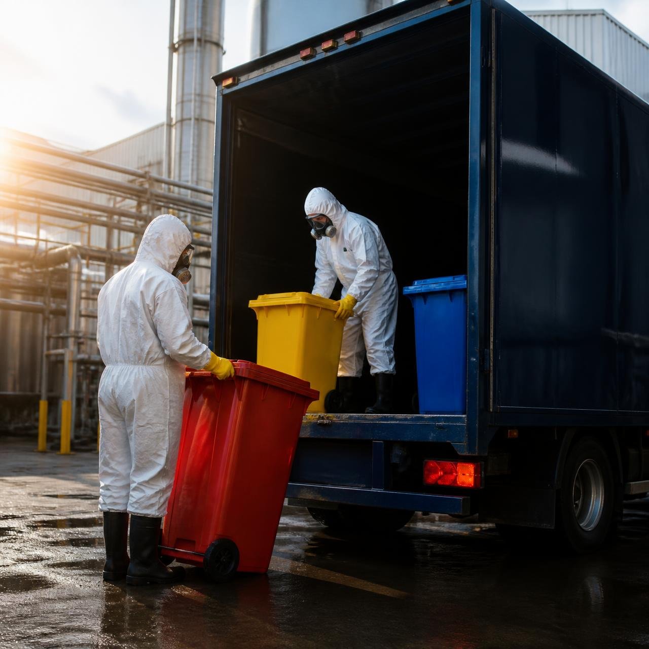 Technicians in protective suits handling colour-coded hazardous waste containers