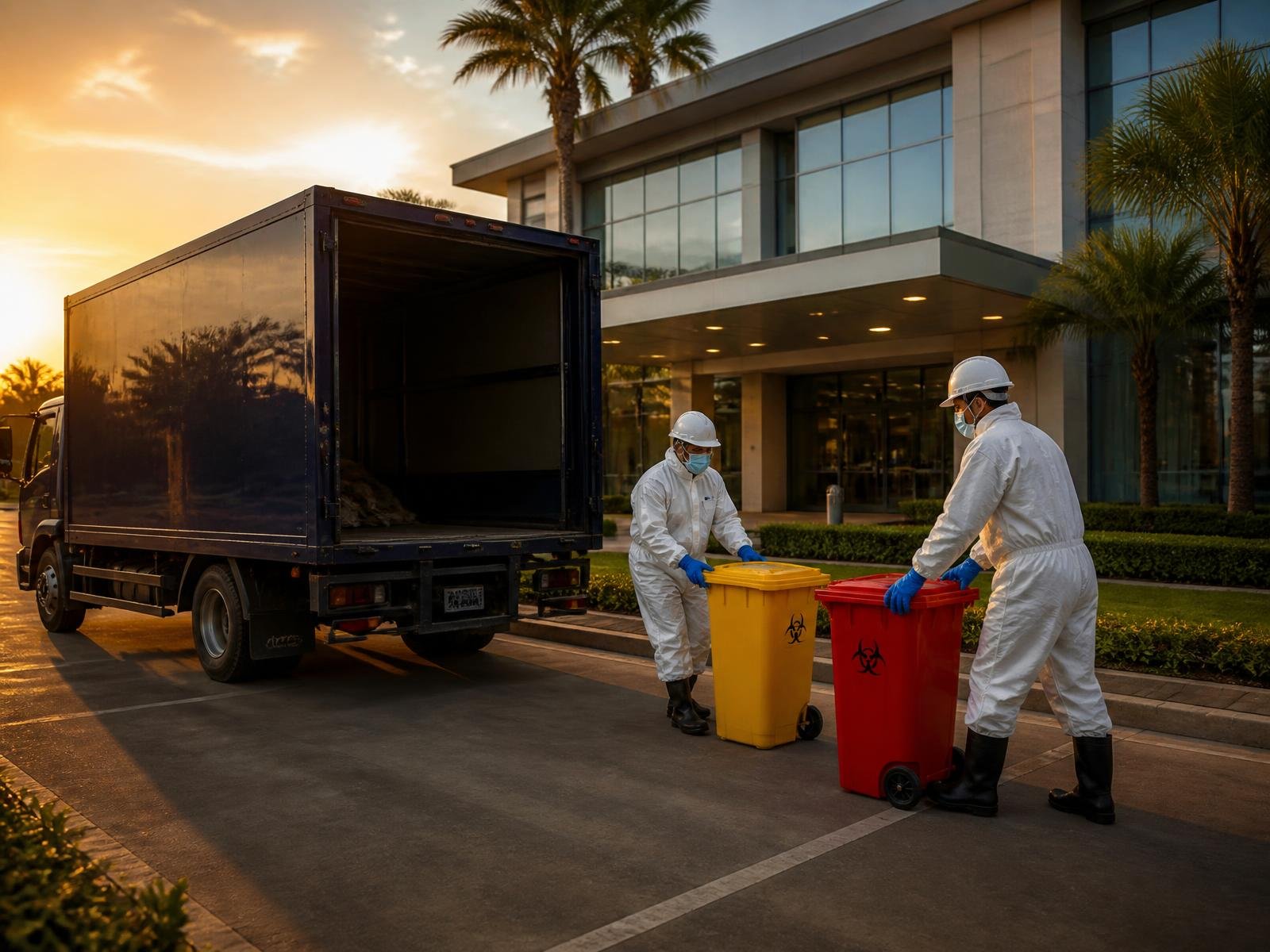 Fireozol crew loading sealed biomedical waste bins into a hazardous waste collection truck at a hospital